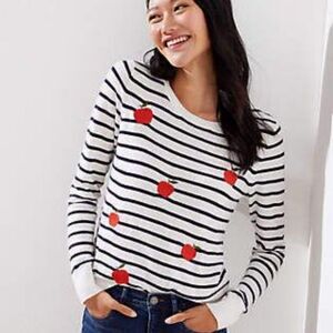 Loft Embroidered Red Apples Navy & White Striped Sweater Size S